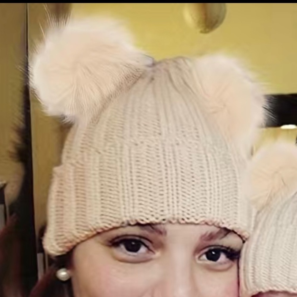 Beige Pompom Bear Ears Beanie Ribbed Knitted / Knit Hat - Picture 2 of 2